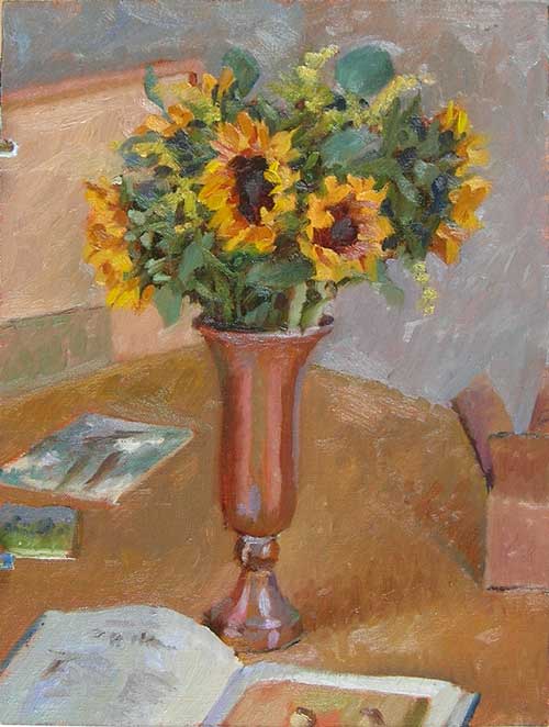 Sunflowers and My Studio Table, 9"x12", oil on panel