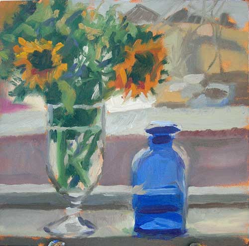 Sunflowers and the Studio Window, 6x6, oil on panel