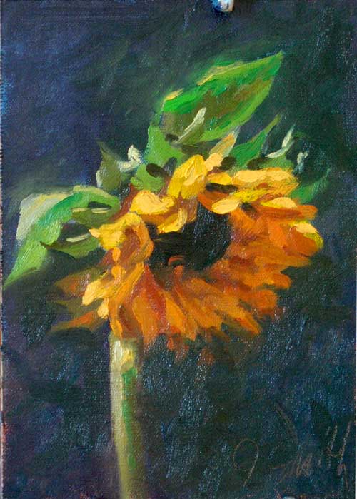 Top Lit Sunflower, 6x8", oil on linen panel