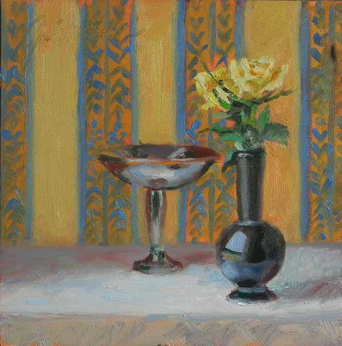 Yellow Roses and Swedish Tapestry,6x6", oil by Jeffrey Smith