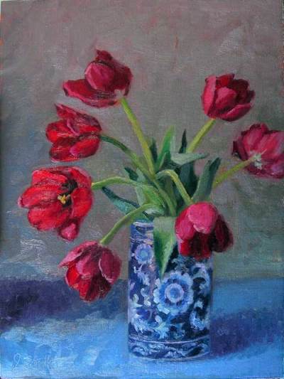Tulips in Blue and white Jar, 12x16", Jeffrey Smith