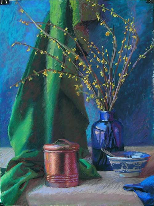 Forsythia and Copper Canister, pastel on Wallis paper, 18x24", Jeffrey Smith