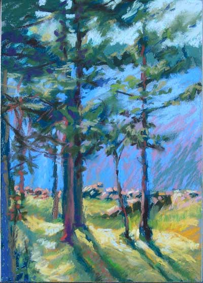 Pastel Pines, 5x7", pastel on panel by Jeffrey Smith