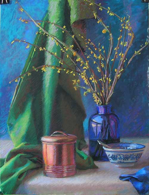 Forsythia And Copper Canister, 18x24", pastel on Wallis paper, Jeffrey Smith